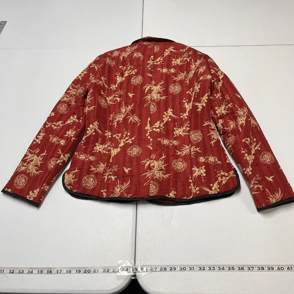 Carole Little Jacket Blazer Red Asian Floral Madarin Print Silk Quilted Size M